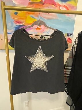 Women’s Studded Star Short Sleeve Top - Charcoal Medium Boutique Grunge Y2K